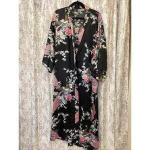 Veami Womens Satin Kimono Robe with Belt - Asian Inspired Peacocks Black XL